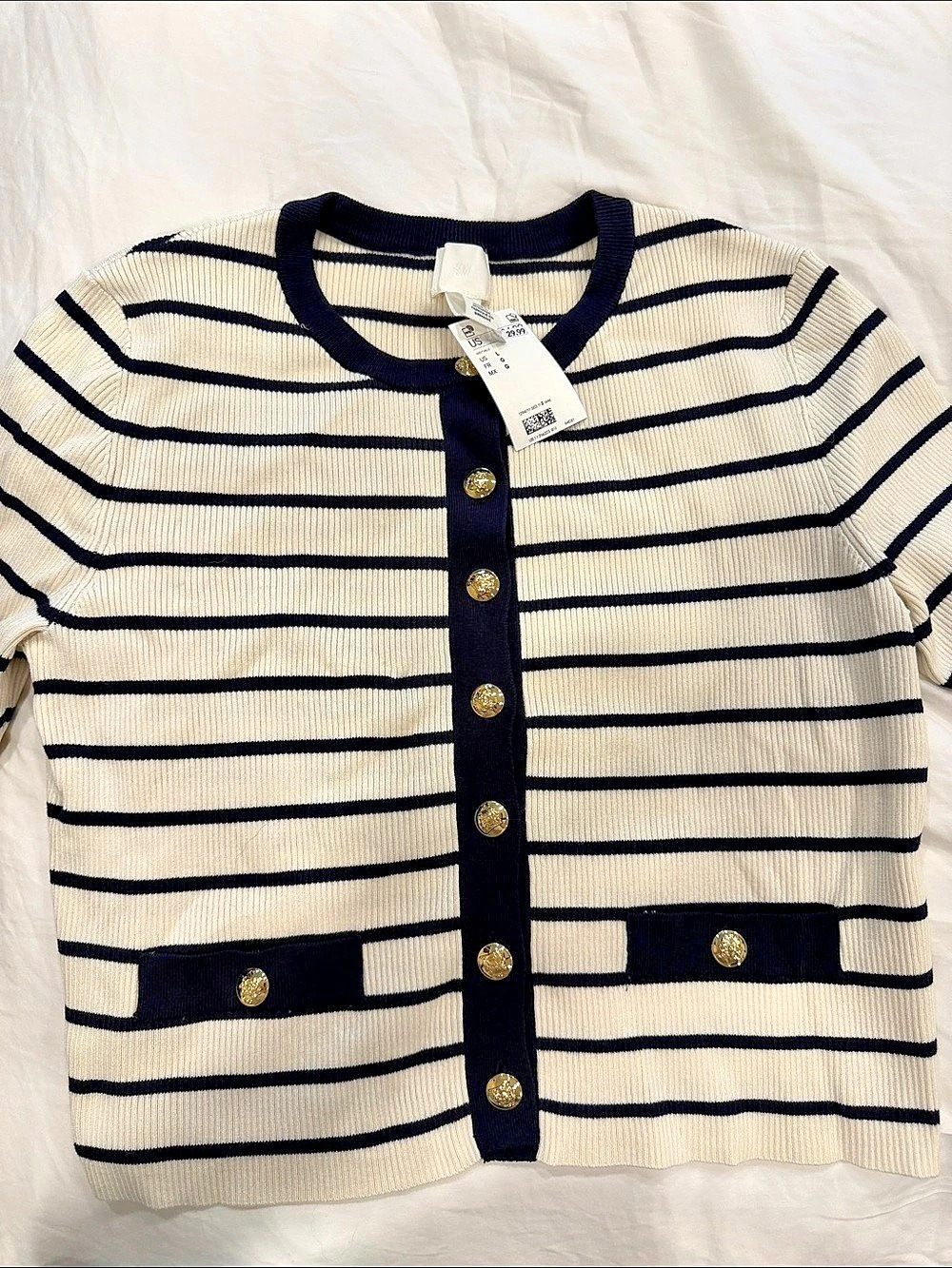 H&M Fine-knit short sleeve Cardigan Striped Cream & Blue L NWT